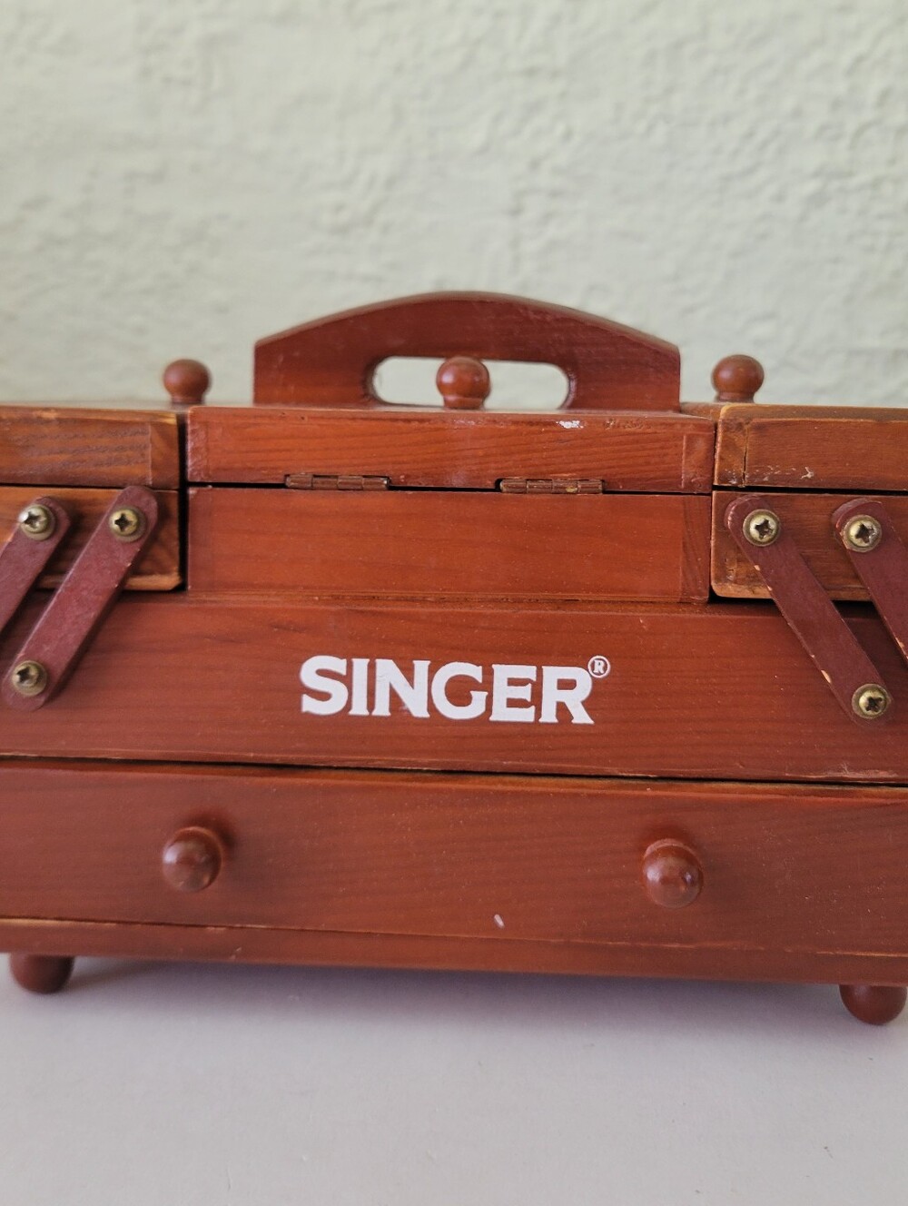 Vtg Singer Wood Sewing Box Caddy Fold Out Keepsake 8" x 5” Accordion Organizer